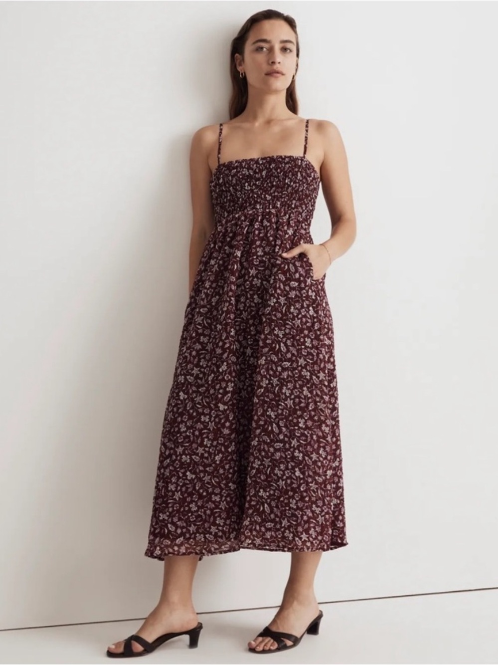 Madewell The Theo Sleeveless Wine Floral Smocked Midi Boho w/ POCKETS Dress SZ L